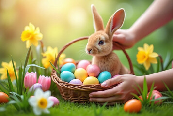 Bright spring landscape with colorful Easter eggs in a basket held by hands on fresh green grass. A fluffy Easter bunny surrounded by tulips and daffodils. Soft pastel colors and warm sunlight