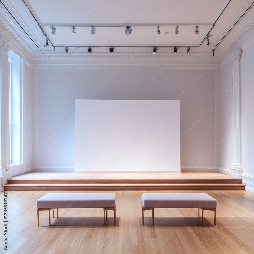 Poster minimalist art gallery interior featuring empty display area and seating in bright, modern space. ge