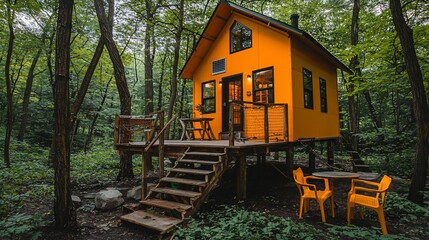 Orange cabin forest retreat, wooded setting