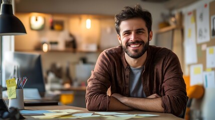 Smiling man in a cozy office surrounded by colorful sticky notes and stationery