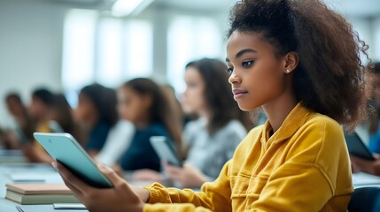 Students focused on learning with tablets in a modern classroom environment during a collaborative session