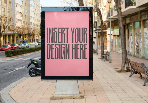 Modern outdoor urban kiosk panel design ideal for urban advertising mockups in busy city areas, showcasing versatile advertising space.