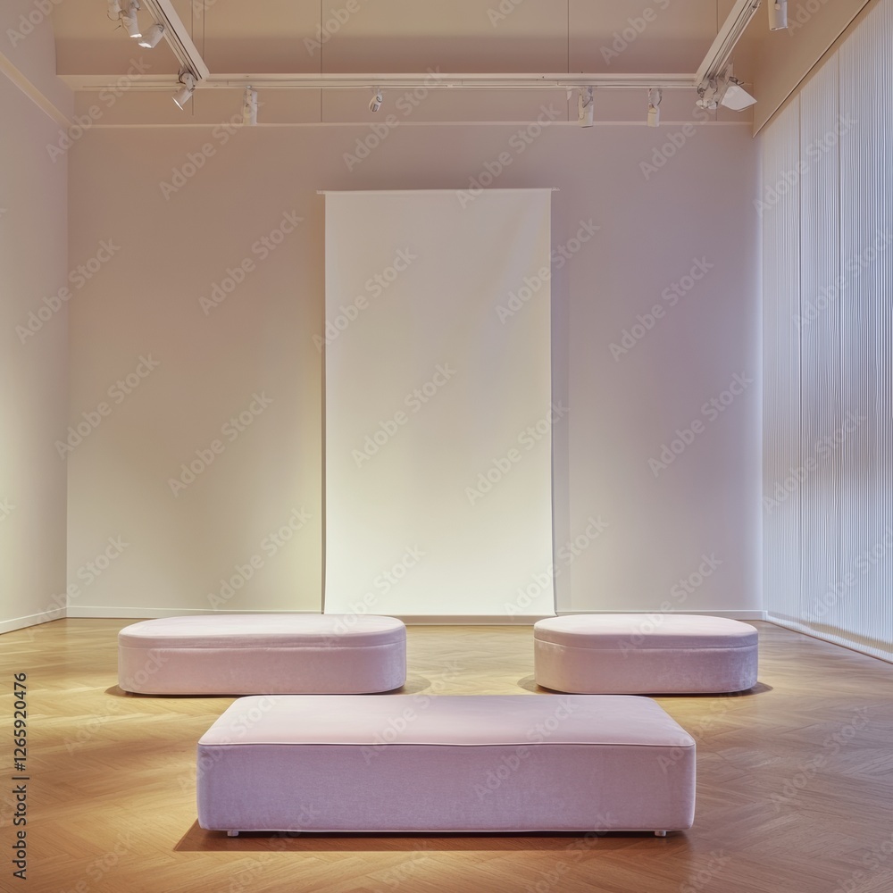 Poster minimalist art gallery featuring simple seating and empty exhibition space in a contemporary setting