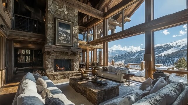 Luxurious mountain chalet interior showcasing stone fireplace and snowy peaks