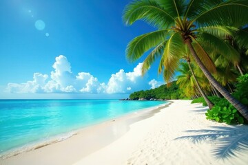 Obraz premium White sand beach, turquoise water, swaying palms , nature, perfect, palm trees