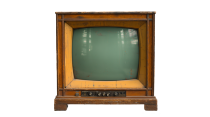 Retro Wooden TV Antique Green Screen, Aged Media Style for Vintage Home Decor, isolated on transparent background.