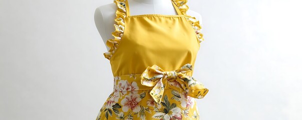 Yellow floral apron with ruffled edges and a bow, vintage style, on a mannequin, white background.
