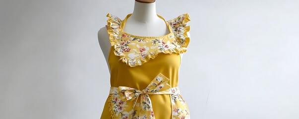 Yellow floral apron with ruffled edges and a bow, vintage style, on a mannequin, white background.