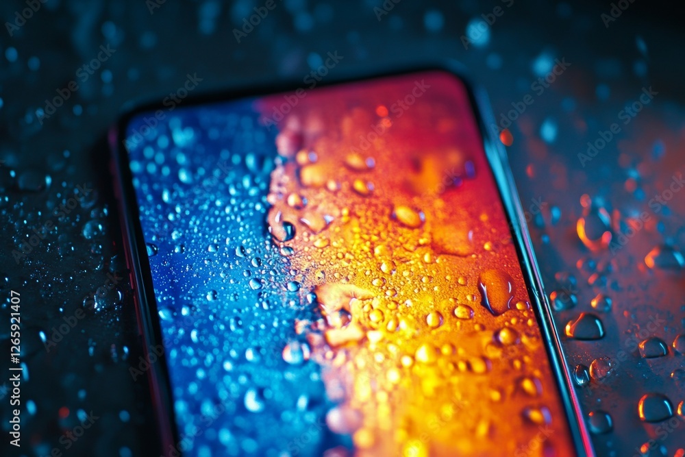 Poster rain droplets collect on a smartphone screen, creating an artistic display of color reflections and 