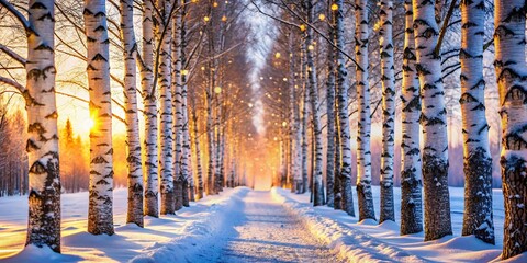 Obraz premium Magical Snowy Birch Alley in Tiller, Norway - Winter Wonderland Stock Photo