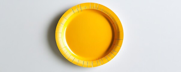 Yellow paper plate displayed on a pristine white surface, top view capture.