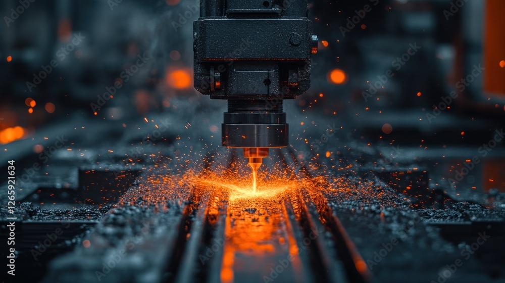 Poster machine working on metal creating sparks in the background, production use