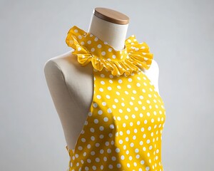 Yellow polka dot apron with a ruffled neckline, retro design, on a mannequin, white background.