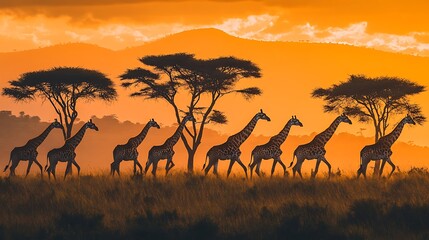 Majestic African giraffes walking at golden hour illustrator wallpapers