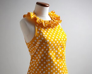Yellow polka dot apron with a ruffled neckline, retro design, on a mannequin, white background.