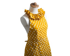 Yellow polka dot apron with a ruffled neckline, retro design, on a mannequin, white background.