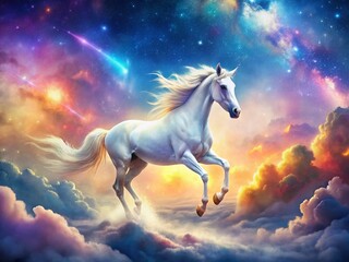 Fototapeta premium Magical White Unicorn Galloping Through Cosmic Clouds - Double Exposure Fantasy Stock Photo