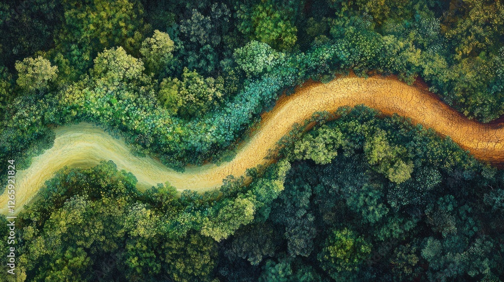 Poster aerial view of a forest path winding through lush green trees