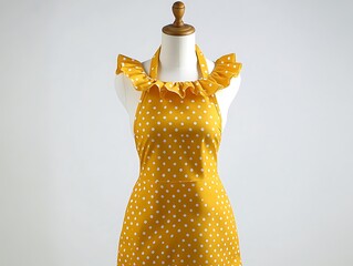 Yellow retro apron with polka dots and a ruffled neckline on a mannequin, white background.