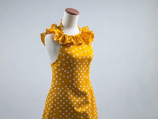 Yellow retro apron with polka dots and a ruffled neckline on a mannequin, white background.