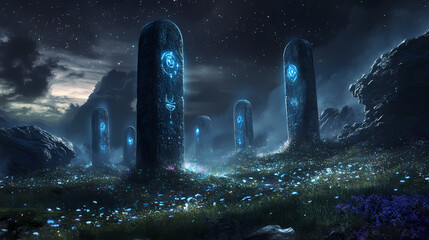 Bioluminescent flora and enigmatic monoliths in an alien night landscape. Ancient Alien Glyphs. Illustration