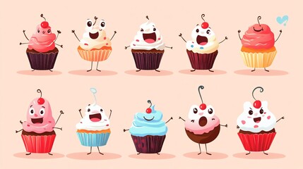 Cute Cartoon Cupcake Characters with Various Facial Expressions