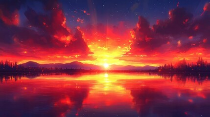 Fototapeta premium Fiery Sunset over Lake with Mountain Background