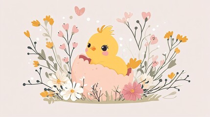 Cute Chick Hatching from Decorated Egg