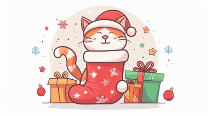 Cute Cartoon Cat Sitting on Gift Box with Christmas Decorations