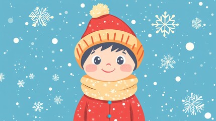 Adorable Winter Portrait of Young Child on Blue Background