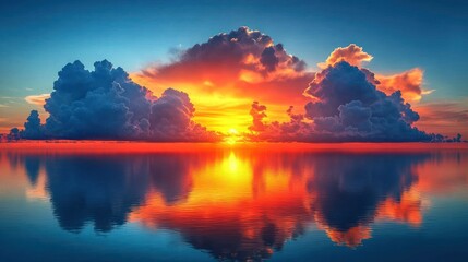 Obraz premium Dramatic sunset over calm ocean reflecting fiery clouds