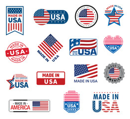 Large set of Made in USA labels, signs. USA patriotic signs. made in the usa labels set, american product emblem