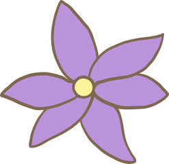Adorable cartoon illustration of a six-petaled purple flower with a yellow center. Perfect for spring, nature, floral designs, and decorative elements