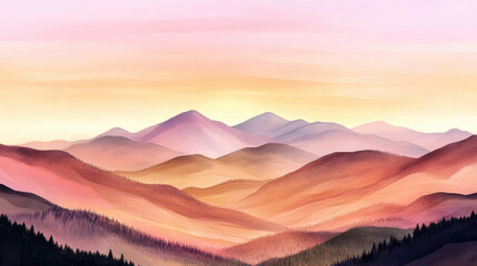 Obraz premium serene mountain landscape at dusk, with rolling hills bathed in gradient of rich purple blending into soft peach hues, creating tranquil and dreamy atmosphere