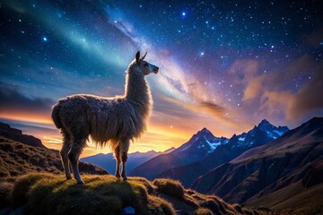 Majestic Andean Llama at Night, Starry Sky, Peru