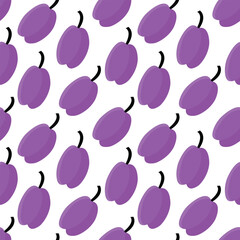 Seamless plum pattern with vibrant purple fruits and black stems modern style.