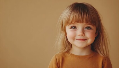 A young girl with a radiant smile, red hair, and freckles wears a warm polka-dot outfit against a brown background, creating an endearing portrait.