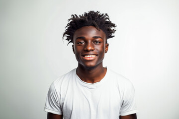Obraz premium A black African man in white casual attire, smiling against a gray background, projects warmth and approachability with a charming demeanor.