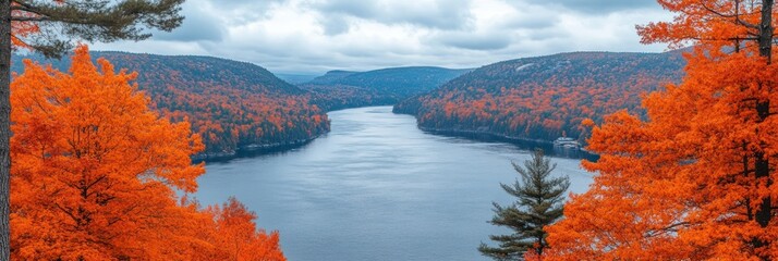 Autumn view of a river valley with vibrant fall foliage