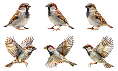 House sparrow bird in various poses including flying and perching natural wildlife transparent background