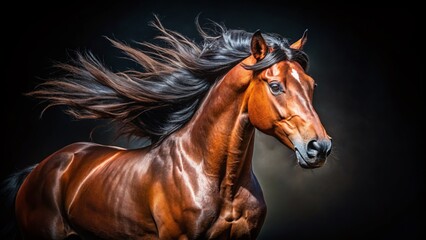 Obraz premium Majestic Bay Stallion: Dramatic Black Background Drone Portrait
