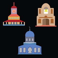Flat vector illustration of three iconic architectural buildings, including a mosque, a church, and a clock tower, representing historical, cultural, and religious landmarks.