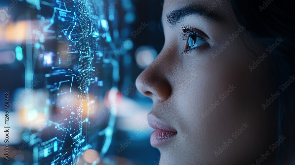 Poster woman viewing digital display. hi-tech concept with data visualization.