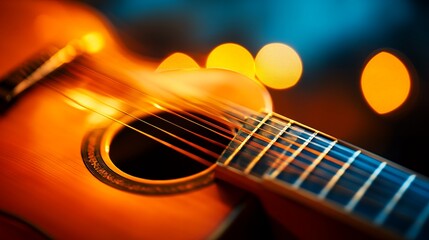 Naklejka premium Acoustic Guitar Close up Warm Lighting Bokeh Background Musical Instrument