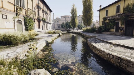 Italian Village Canal, Sunny Day, Calm Water, Buildings