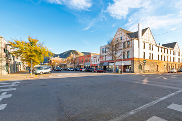 View of Main Street at Autumn in the 203 acre historic district listed on the National Register of Historic Places, of downtown Missoula, Montana, USA.