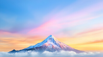 Fototapeta premium Majestic snow-capped peak sunrise, cloudscape background, serene landscape, travel poster