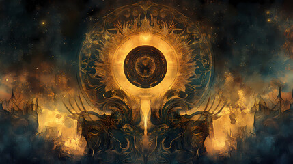 * celestial beings descend, their intricate patterns unfolding like mandalas, bearing ancient wisdom in stylized figures, echoes of a forgotten era. Ancient Alien Glyphs. Illustration