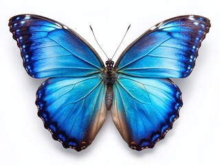 Fototapeta premium Majestic Blue Morpho Butterfly Isolated on White, Stunning Insect Wing Detail, Nature Photography