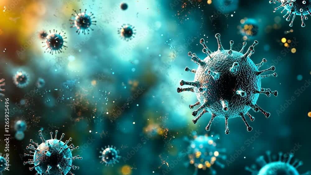 Poster understanding the complexities of viruses in a vibrant, digital representation of microscopic life